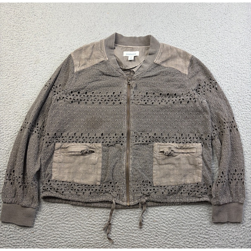 Sundance Jacket Womens M Brown Eyelet Embroidered Cotton Bomber Utility Boho